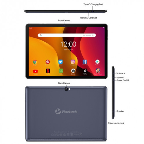 Tablette PC Viaztech V30, 10,1 pouces, 3 Go + 32 Go, Processeur quadricœur Android 11 RK3566, prise en charge WiFi/Bluetooth 2.4G, version globale avec Google Play, prise US (gris foncé) SH90DG1728-07