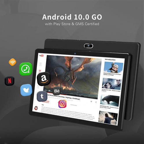 Tablette PC Qunyico Y10, 10,1 pouces, 2 Go + 32 Go, Processeur quadricœur Android 10 Allwinner A100, prise en charge WiFi/Bluetooth 2.4G, version globale avec Google Play, prise US (noir) SH798B1795-07