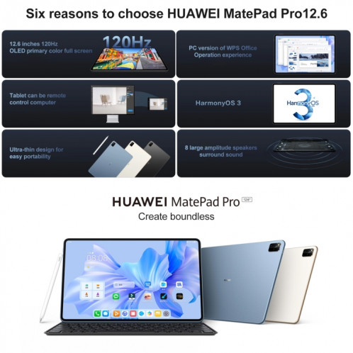 HUAWEI MatePad Pro 12,6 pouces 2022 Wi-Fi WGRR-W09 8 Go + 256 Go, HarmonyOS 3 Hisilicon Kirin 9000E Octa Core, prend en charge le double WiFi/BT/GPS, ne prend pas en charge Google Play (bleu) SH818L1042-011