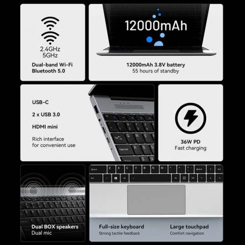 Ordinateur portable ALLDOCUBE GTBook 13 Pro, 13,5 pouces, 12 Go + 256 Go, Windows 11 Intel Celeron N5100 Quad Core, prise en charge de la carte TF et Bluetooth et WiFi double bande (argent) SA918S1739-011