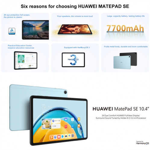 HUAWEI MatePad SE Wi-Fi, 10,4 pouces, 6 Go + 128 Go, HarmonyOS 3 Qualcomm Snapdragon 680 Octa Core, prend en charge le double WiFi/BT, ne prend pas en charge Google Play (bleu) SH958L778-012