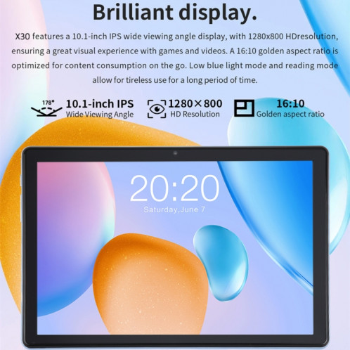 Tablette PC X30 4G LTE, 10,1 pouces, 3 Go + 64 Go, Android 11.0 Spreadtrum T310 Quad-core, prise en charge double SIM/WiFi/Bluetooth/GPS, (cyan) SH76QC514-010