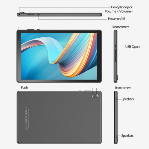 D10A Tablette PC 10,1 pouces, 2 Go + 32 Go, Processeur quadricœur Android 12 Allwinner A133, prise en charge WiFi 6/Bluetooth, version globale avec Google Play, prise US (gris) SH981H1444-011