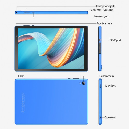 D10A Tablette PC 10,1 pouces, 2 Go + 32 Go, Processeur quadricœur Android 12 Allwinner A133, prise en charge WiFi 6/Bluetooth, version globale avec Google Play, prise US (bleu) SH981L1638-011