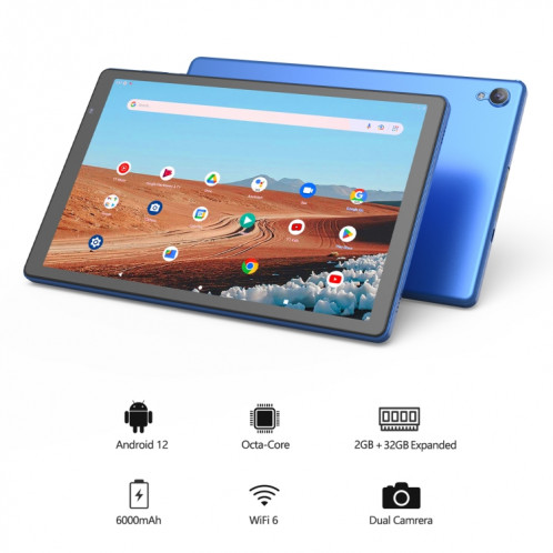 D10A Tablette PC 10,1 pouces, 2 Go + 32 Go, Processeur quadricœur Android 12 Allwinner A133, prise en charge WiFi 6/Bluetooth, version globale avec Google Play, prise US (bleu) SH981L1638-011