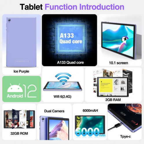 D10A Tablette PC 10,1 pouces, 2 Go + 32 Go, Processeur quadricœur Android 12 Allwinner A133, prise en charge WiFi 6/Bluetooth, version globale avec Google Play, prise US (violet) SH981P984-011