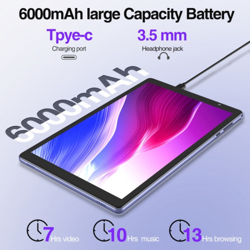 D10A Tablette PC 10,1 pouces, 2 Go + 32 Go, Processeur quadricœur Android 12 Allwinner A133, prise en charge WiFi 6/Bluetooth, version globale avec Google Play, prise US (violet) SH981P984-011