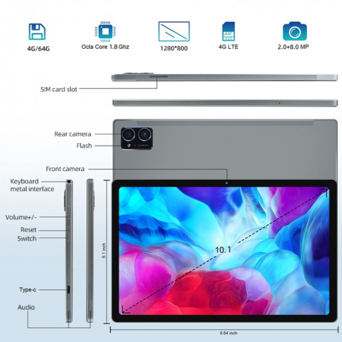 Tablette d'appel téléphonique G16 4G, 10,1 pouces, 4 Go + 64 Go, Android 8.0 MTK6750 Octa Core 1,8 GHz, double SIM, prise en charge GPS, OTG, WiFi, BT (bleu) SH987L135-011