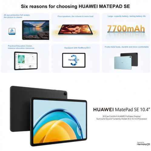 HUAWEI MatePad SE, 10,4 pouces, 6 Go + 128 Go, HarmonyOS 3 Qualcomm Snapdragon 680 Octa Core, prend en charge le double WiFi/BT, réseau : 4G, ne prend pas en charge Google Play (noir) SH999B1885-012
