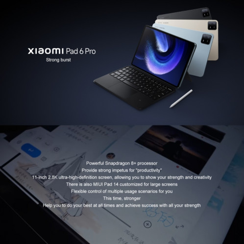 Xiaomi Pad 6 Pro, 11,0 pouces, 12 Go + 512 Go, MIUI 14 Qualcomm Snapdragon 8+ 4 nm Octa Core jusqu'à 3,2 GHz, caméra frontale HD 20 MP, batterie 8600 mAh (or) SX017J678-019