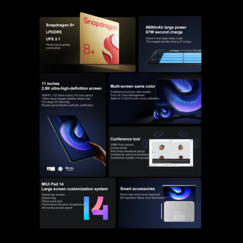 Xiaomi Pad 6 Pro, 11,0 pouces, 12 Go + 512 Go, MIUI 14 Qualcomm Snapdragon 8+ 4 nm Octa Core jusqu'à 3,2 GHz, caméra frontale HD 20 MP, batterie 8600 mAh (or) SX017J678-019