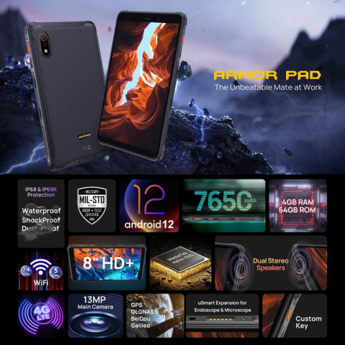  Tablette PC robuste Ulefone Armor Pad, 8,0 pouces, 4 Go + 64 Go, IP68 étanche antichoc antipoussière, Android 12 MediaTek Helio G25 Octa Core, prise en charge de l'extension uSmart, réseau : 4G, prise SU090B544-011