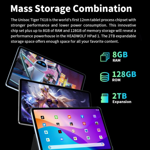 HEADWOLF Hpad1 4G LTE, 10,4 pouces, 8 Go + 128 Go, Android 11 Unisoc T618 Octa Core jusqu'à 2,0 GHz, prise en charge double SIM et WiFi et Bluetooth, version globale avec Google Play, prise US (gris) SH499H1318-013