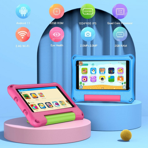 Tablette Vasoun M7 Kids, 7,0 pouces, 2 Go + 32 Go, Android 11 Allwinner A100 Quad Core CPU, support 2.4G WiFi / Bluetooth, version globale avec Google Play, US Plug (Blue) SV873L1588-07