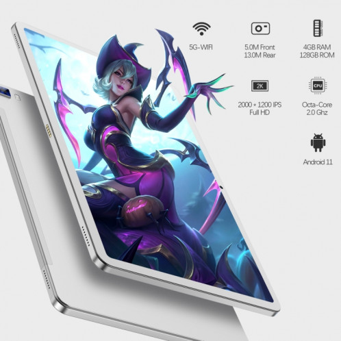 Comprimé Vasoun M50 4G LTE, 10,4 pouces, 4 Go + 128 Go, Android 11 UNISOC T618 Octa Core CPU, Prise en charge du double bande WiFi / Bluetooth, version globale avec Google Play, US Plug (Silver) SV875S529-07