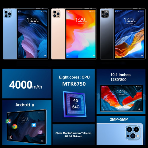 Tablette d'appel téléphonique P60 4G, 10,1 pouces, 4 Go + 64 Go, Android 8.0 MTK6750 Octa Core 1,8 GHz, double SIM, prise en charge GPS, OTG, WiFi, BT (bleu ciel) SH90SL1368-014