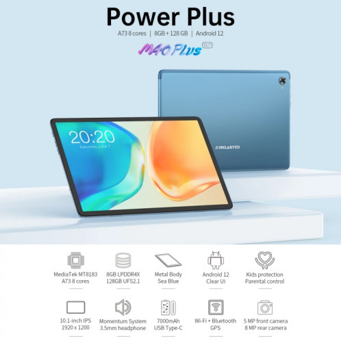 Tablette PC Teclast M40 Plus, 10,1 pouces, 8 Go + 128 Go, Android 12 MT8183 Octa Core, prend en charge le Wi-Fi double bande, le Bluetooth et le GPS ST1993782-016