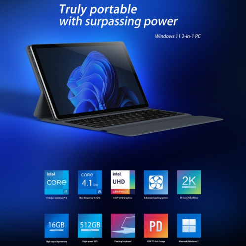 Tablette ALLDOCUBE iWork GT i1115, 10,95 pouces, 16 Go + 512 Go, Windows 11 Intel Core i5-1135G7 Quad-core 2,4 GHz-4,2 GHz, avec clavier, prise en charge BT/Wi-Fi 6, prise UE SA2726759-013