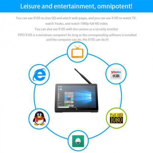 Mini PC tout-en-un PiPo H10PRO, 10,1 pouces, 8 Go + 128 Go, Windows 10 Intel Celeron J4125 Quad Core jusqu'à 2,7 GHz, prise en charge WiFi et carte BT et TF et HDMI et RJ45, prise US (noir) SP610B103-017