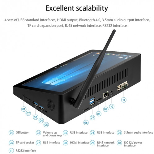 Mini PC tout-en-un PiPo H10PRO, 10,1 pouces, 16 Go + 128 Go + 256 Go, Windows 10 Intel Celeron J4125 Quad Core jusqu'à 2,7 GHz, prise en charge WiFi et carte BT et TF et HDMI et RJ45, prise US (noir) SP695B1520-013