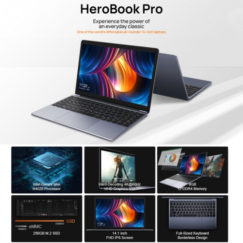 Chuwi Herobook Pro, 14,1 pouces, 8 Go + 256 Go, Windows 10, Intel Gemini Lake N4020 Dual Core Dual Fil à double noyau 1.1GHz ~ 2,6 GHz, support WiFi / Bluetooth / EXTENSION DE CARTE BLUETOOTH / TF / MINI HDMI (gris SC92TK1596-013