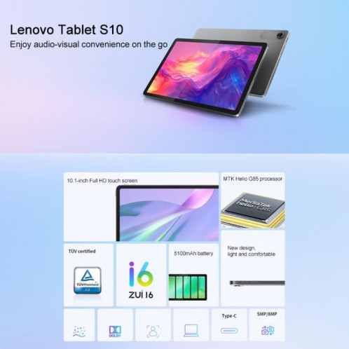 Tablette WiFi Lenovo S10 10,1 pouces, 8 Go + 128 Go, ZUI16, MTK Helio G85 Octa Core, version de récupération (gris) SL839H1947-07