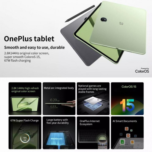 Tablette PC OnePlus Pad 11,61 pouces, 8 Go + 256 Go, ColorOS 15.0 Dimensity 8350 Octa Core (Vert) SO861G634-010