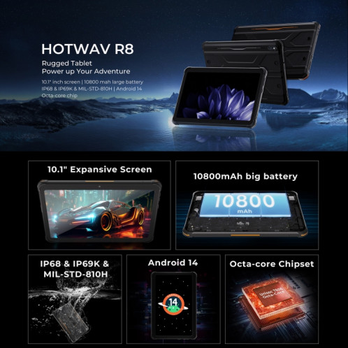 Tablette robuste HOTWAV Tab R8 IP68/IP69K, 4 Go + 128 Go, 10,1 pouces Android 14 Unisoc T606 Octa Core 4G Network, version mondiale avec Google Play, (noir gris) SH01BH897-012