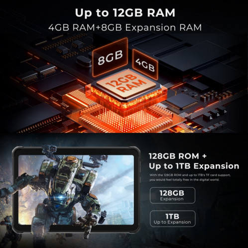  Tablette robuste HOTWAV Tab R8 IP68/IP69K, 4 Go + 128 Go, 10,1 pouces Android 14 Unisoc T606 Octa Core 4G Network, version mondiale avec Google Play, (noir gris) SH01BH897-012