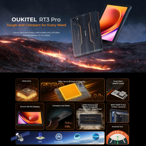  Tablette robuste OUKITEL RT3 Pro 4G Network IP68/IP69K, 4 Go + 128 Go, 8,0 pouces Android 14 MediaTek G81 Octa-Core Support Dual SIM, (Noir) SO911B719-016