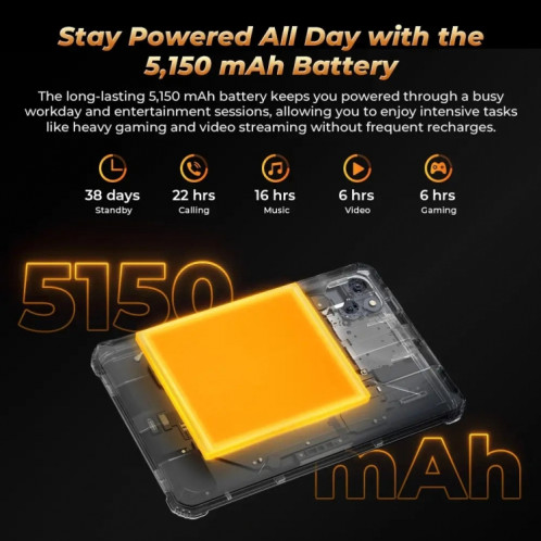  Tablette robuste OUKITEL RT3 Pro 4G Network IP68/IP69K, 4 Go + 128 Go, 8,0 pouces Android 14 MediaTek G81 Octa-Core Support Dual SIM, (Orange) SO911E1808-016