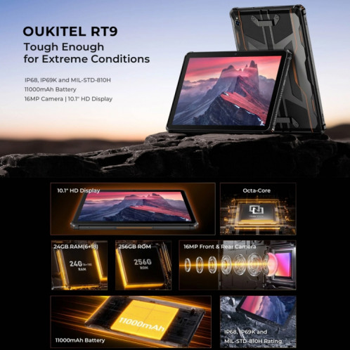 Tablette robuste OUKITEL RT9 4G Network IP68/IP69K, 6 Go + 256 Go, 11 pouces Android 14 Unisoc T606 Octa-Core Support Dual SIM, (Orange) SO912E555-015