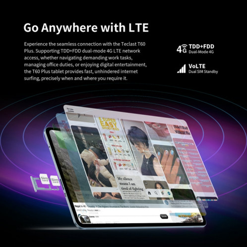 Tablette PC Teclast T60 Plus 4G LTE, 6 Go + 128 Go, 12 pouces Android 14 MediaTek Helio G88 Octa Core, prise en charge double SIM ST8963214-025