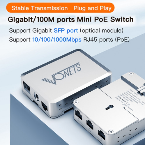 VONETS VSP510 commutateur Ethernet Gigabit 5 Ports avec adaptateur DC + boucle de fixation sur Rail + ensemble de modules optiques SFP SV10091579-07