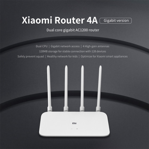 Routeur WiFi d'origine Xiaomi 4A Smart APP Control AC1200 1167 Mbps 128 Mo 2,4 GHz et 5 GHz Dual-core CPU Gigabit Ethernet Port Routeur sans fil répéteur avec 4 antennes, prise en charge Web et Android et iOS, prise SX2019477-015