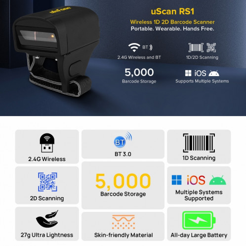 Ulefone uScan RS1 Mini Scanner Annulaire Sans Fil Bluetooth (Noir) SU009B1872-09