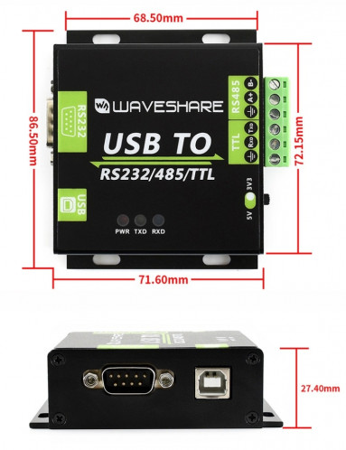 Convertisseur industriel isolé Waveshare USB vers RS232 / RS485 / TTL SW32291440-03