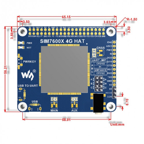 Waveshare 4G / 3G / GNSS HAT pour Raspberry Pi, LTE CAT4, pour l'Amérique du Nord SW87781216-09