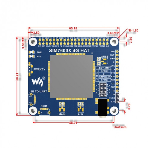 Waveshare 4G / 3G / 2G / GSM / GPRS / GNSS HAT pour Raspberry Pi, LTE CAT4, pour la Chine SW9708181-09