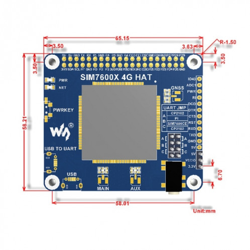 Waveshare 4G / 3G / 2G / GSM / GPRS / GNSS HAT pour Raspberry Pi, LTE CAT4, pour l'Asie du Sud-Est, l'Asie de l'Ouest, l'Europe, l'Afrique SW1963101-09