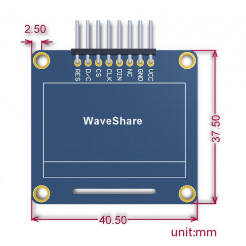Waveshare 1,3 pouces 128 * 64 OLED (A), interfaces SPI / I2C, tête d'épingle horizontale incurvée SW7634284-06
