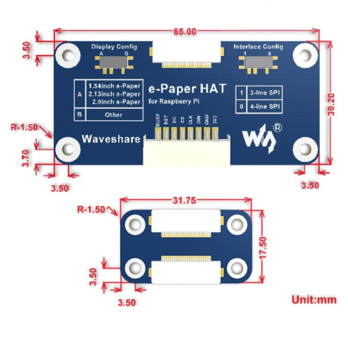 Waveshare 7,5 pouces 640x384 E-Ink Display HAT pour Raspberry Pi, trois couleurs, interface SPI SW39201108-09