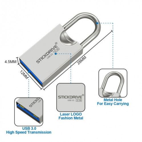 STICKDRIVE 32 Go USB 3.0 haute vitesse Creative Love Lock disque en métal U (argent gris) SS00SH1693-010