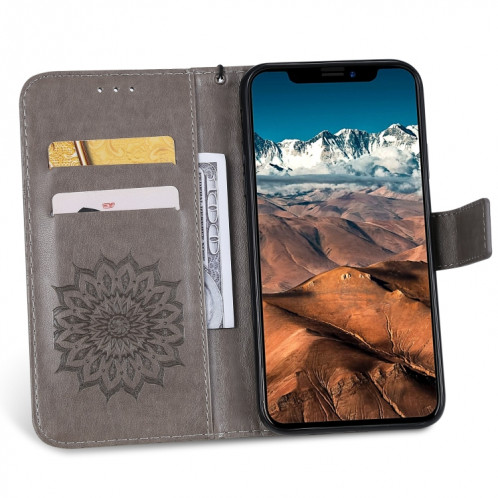 Étui en cuir PU avec empreinte horizontale à motif de tournesol pour iPhone 11 Pro Max, avec support et emplacements pour cartes, ainsi que portefeuille et lanière SH681H576-09