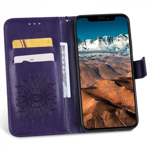 Étui en cuir PU avec empreinte horizontale à motif de tournesol pour iPhone 11 Pro Max, avec support et emplacements pour cartes, ainsi que portefeuille et lanière SH681P356-09