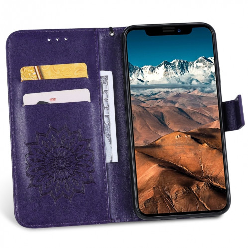 Étui en cuir PU avec empreinte horizontale à motif de tournesol pour iPhone 11 Pro Max, avec support et emplacements pour cartes, ainsi que portefeuille et lanière SH681P356-09