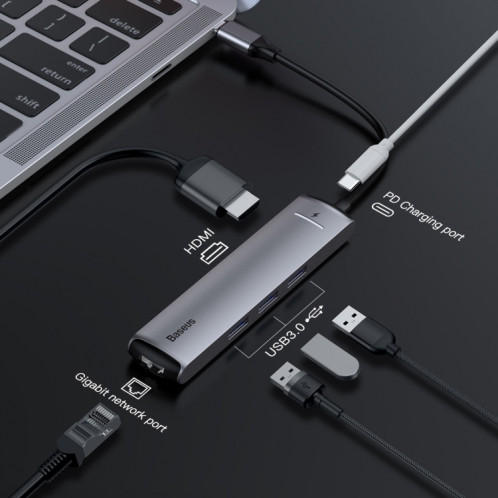 Station d'accueil Baseus CAHUB-J0G Mechanical Eye 6 en 1 HDMI / USB 3.0 x 3 / RJ45 / PD vers USB-C / Type-C SB2068916-013