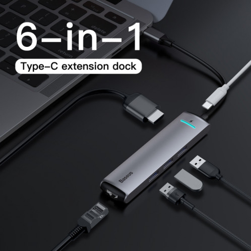 Station d'accueil Baseus CAHUB-J0G Mechanical Eye 6 en 1 HDMI / USB 3.0 x 3 / RJ45 / PD vers USB-C / Type-C SB2068916-013