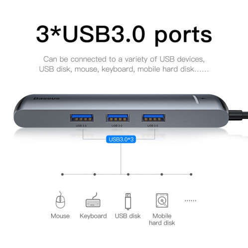 Station d'accueil Baseus CAHUB-J0G Mechanical Eye 6 en 1 HDMI / USB 3.0 x 3 / RJ45 / PD vers USB-C / Type-C SB2068916-013