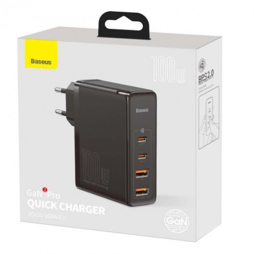 Baseus Travel Charger GaN2 Pro Quick wall charger C+C+U+U, PD 3.0, QC 4.0+, 100W EU Black (CCGAN2P-L01) DA3335982-019